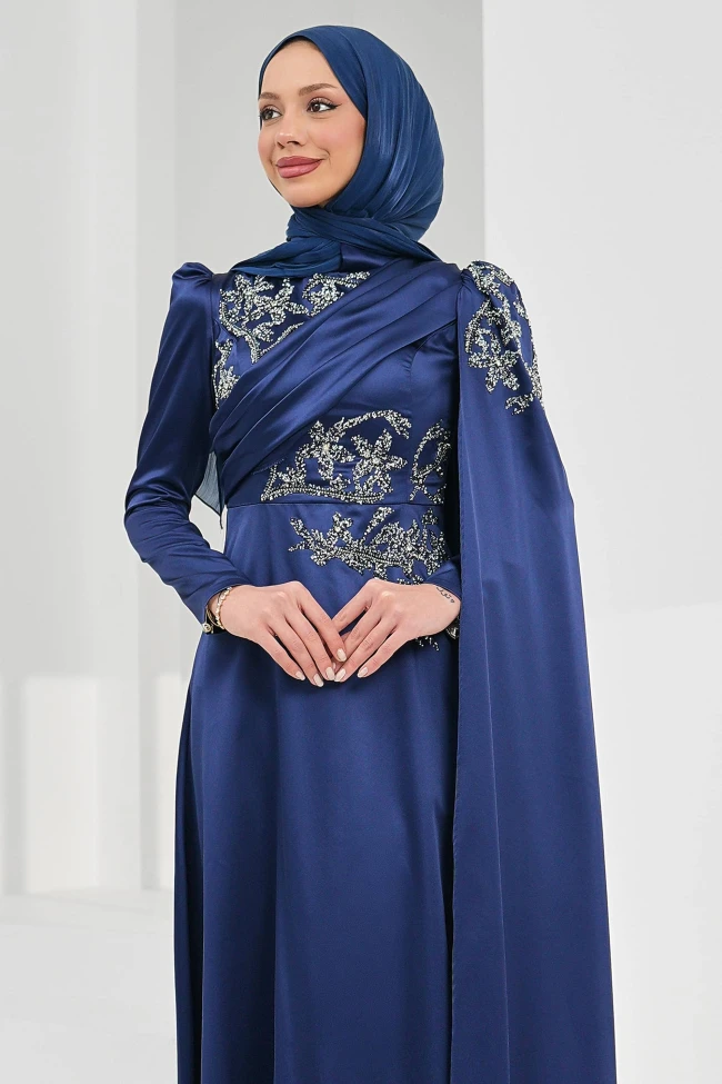 Lacivert Omuz Pelerrinli Taşlı Saten Abiye