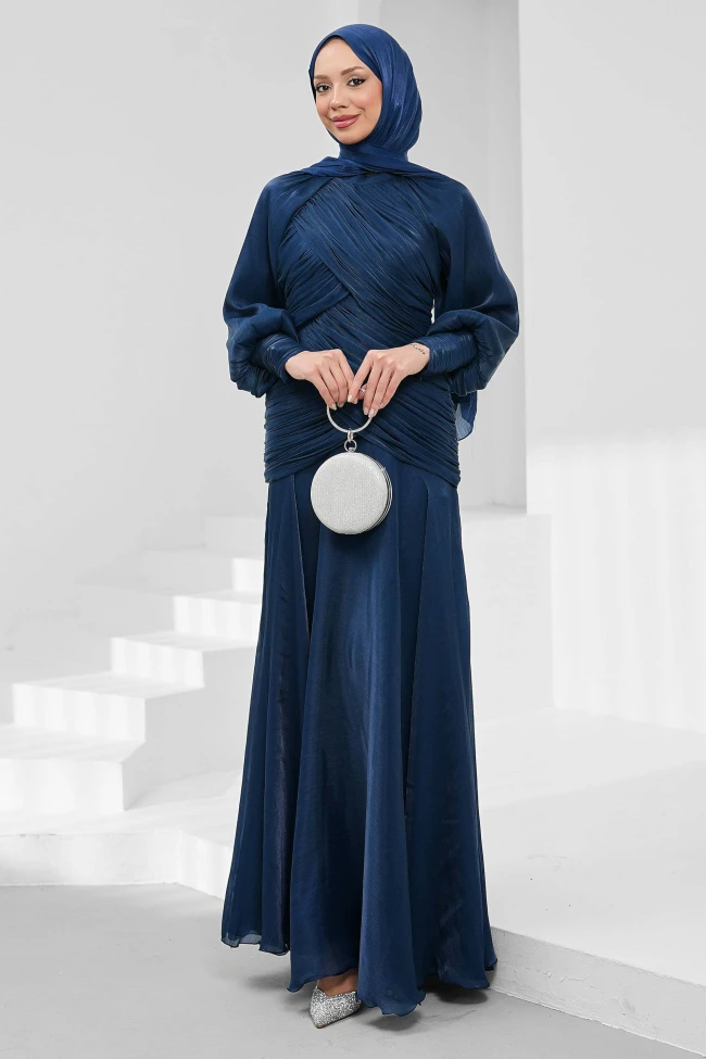 Lacivert Önü Drapeli Balon Kol Işıltılı Abiye