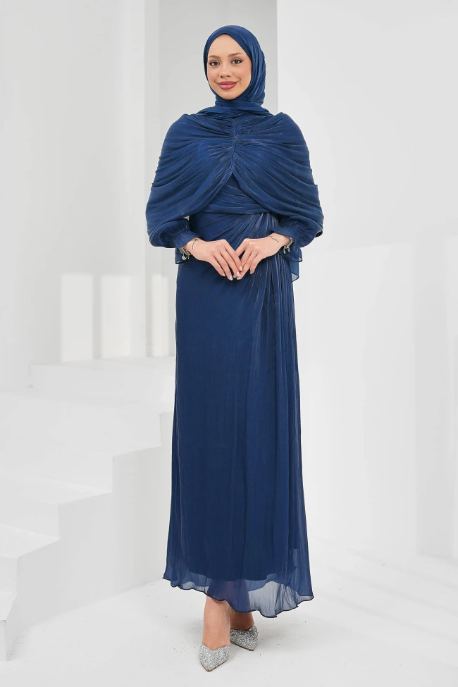 Lacivert Önü Drapeli Seyyar Pelerinli Abiye