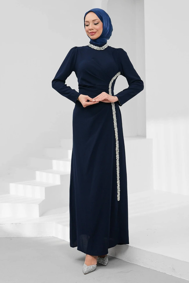 Lacivert Önü Drapeli Taşlı Abiye