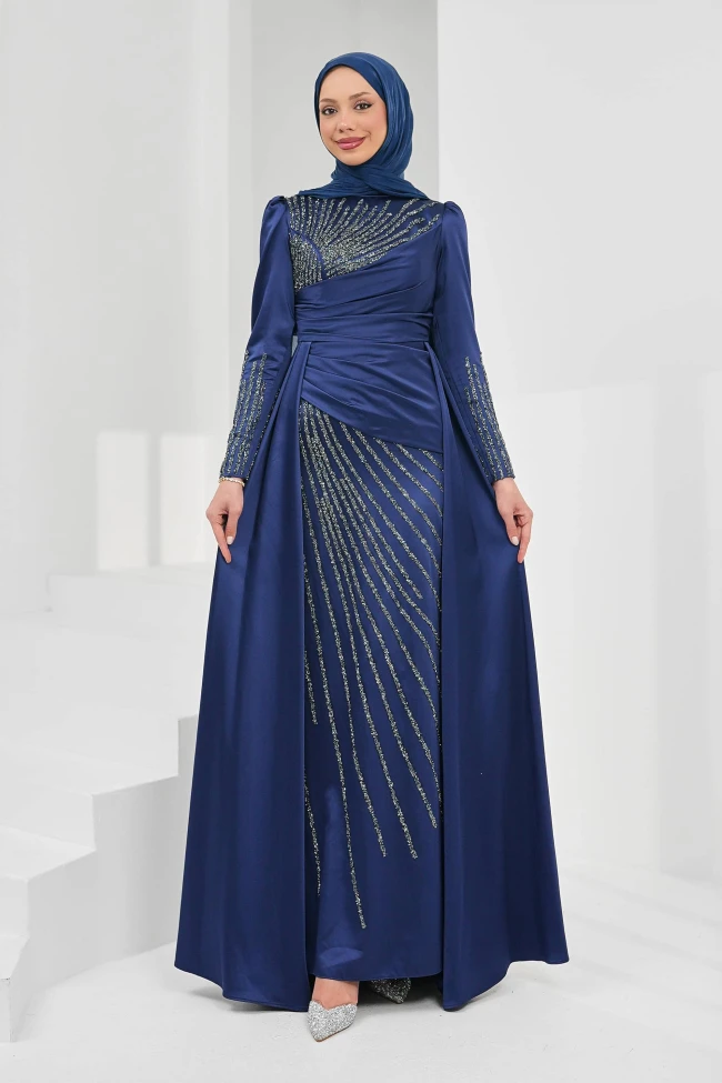 Lacivert Önü Taşlı Saten Abiye
