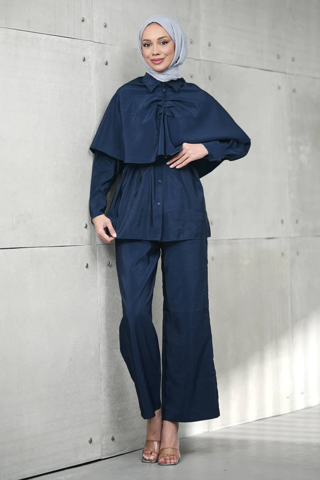 Lacivert Pelerin Detaylı Tunik Pantolonlu Takım