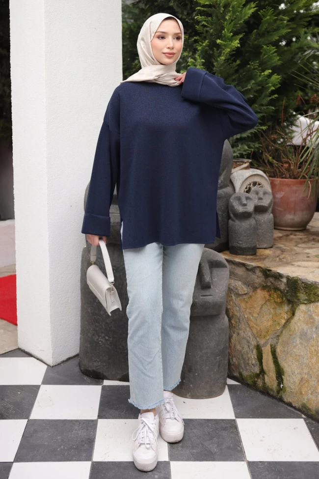 Lacivert Simli Merserize Triko Tunik