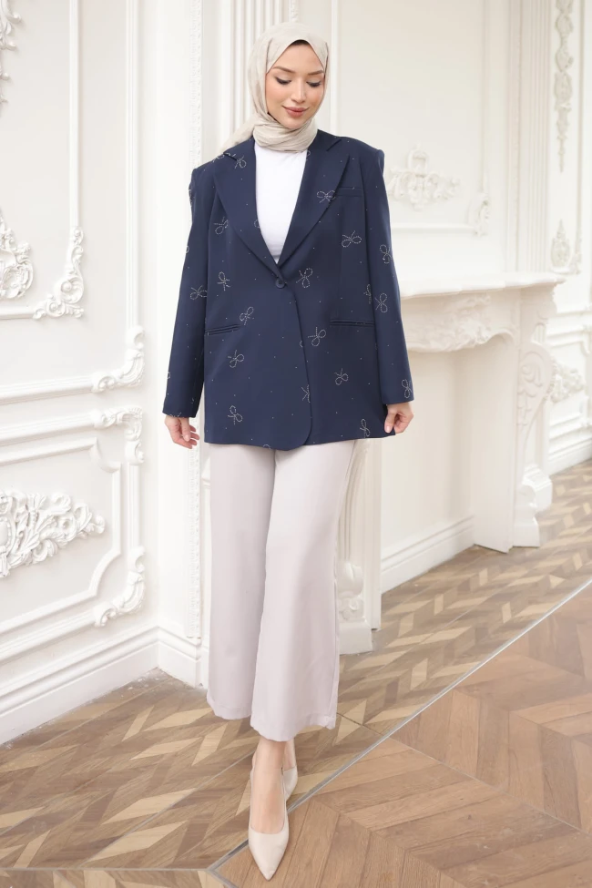 Lacivert Taş Detaylı Astarlı Ceket