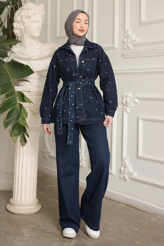 Lacivert Taşlı Kot Ceket Pantolonlu Takım
