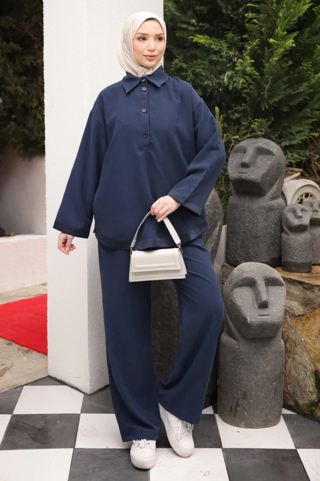 Lacivert Yaka Düğmeli Tunik Pantolonlu Takım