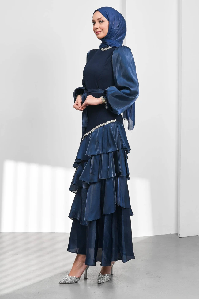 Lacivert Yakası Ve Eteği Taşlı Kemerli Abiye