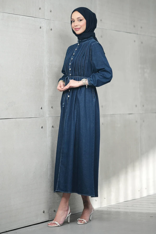Lacivert Yarım Düğmeli Pileli Kot Elbise
