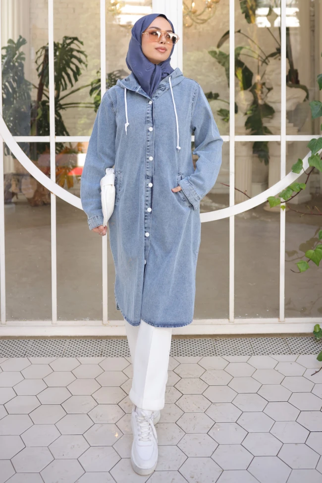 Mavi Kapşonlu Cepli Kot Kap