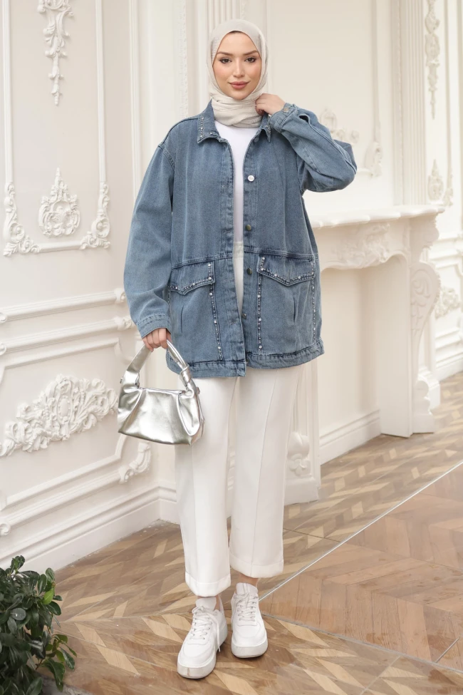 Mavi Taşlı Kot Ceket