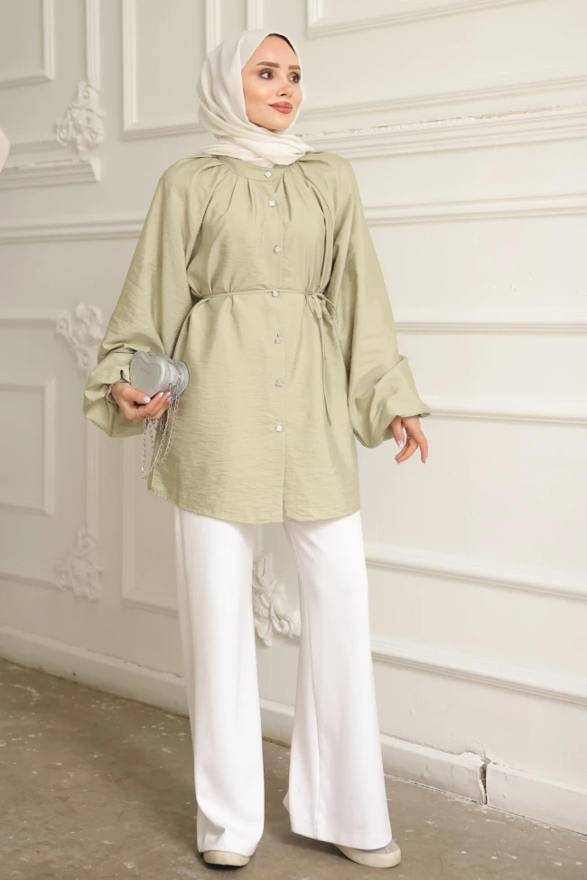 Mint Yeşili Balon Kol Kuşaklı Gömlek