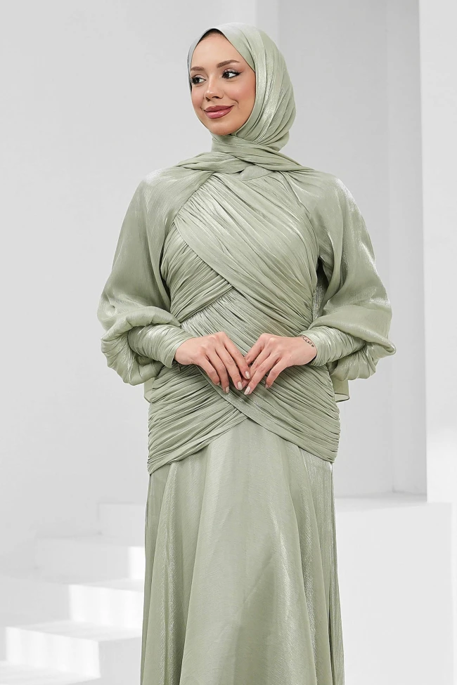 Mint Yeşili Önü Drapeli Balon Kol Işıltılı Abiye