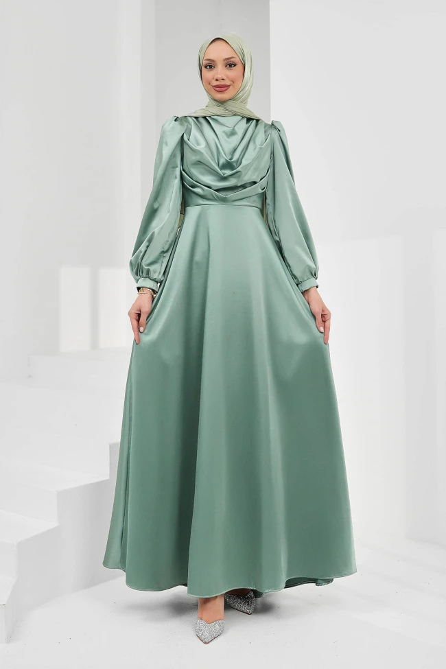 Mint Yeşili Önü Taşlı Saten Abiye