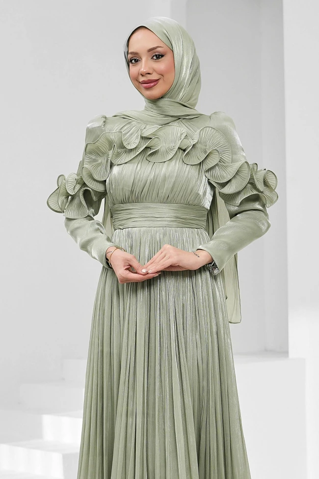 Mint Yeşili Yaka Ve Etek Ucu Fırfırlı Işıltılı Abiye