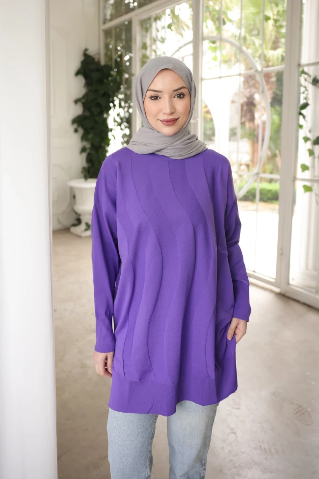 Mor Bisiklet Yaka Soğuk İplik Triko Tunik