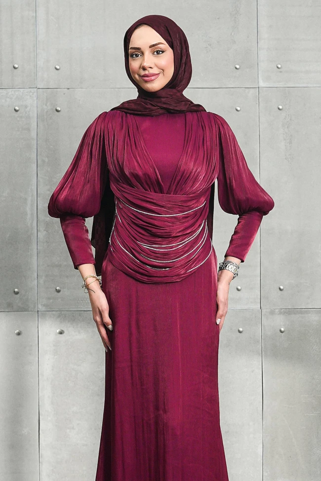 Mürdüm Beli Zincir Detaylı Drapeli Janjan Abiye