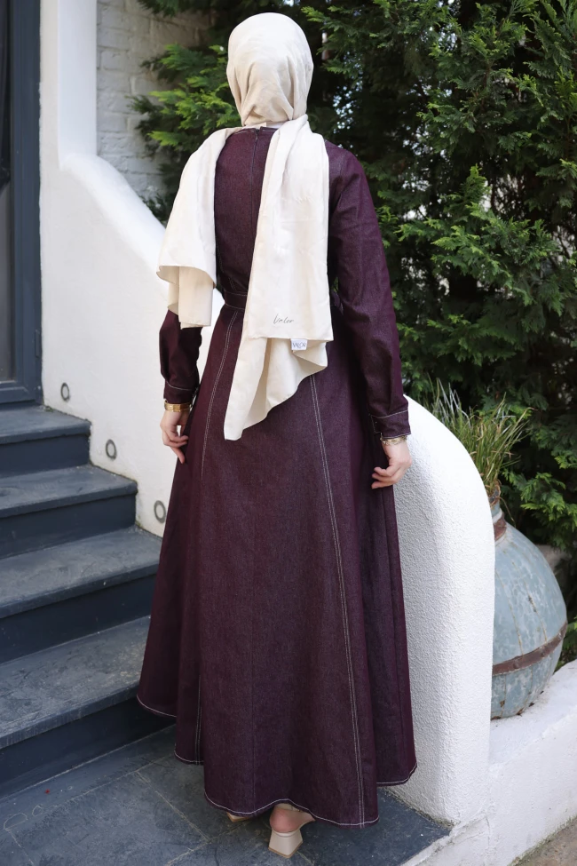 Mürdüm Bisiklet Yaka Kuşaklı Kot Elbise