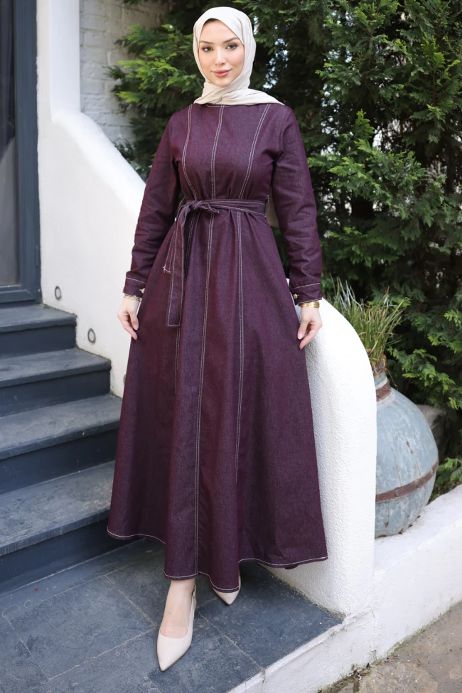 Mürdüm Bisiklet Yaka Kuşaklı Kot Elbise