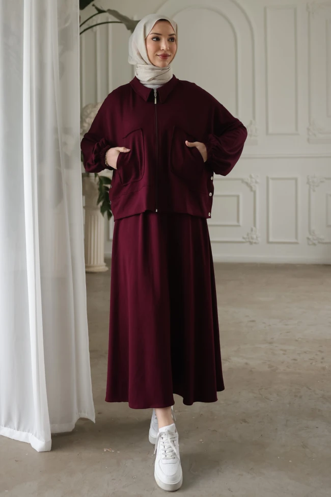 Mürdüm Fermuarlı Sweat Hırka Etekli Modal Takım