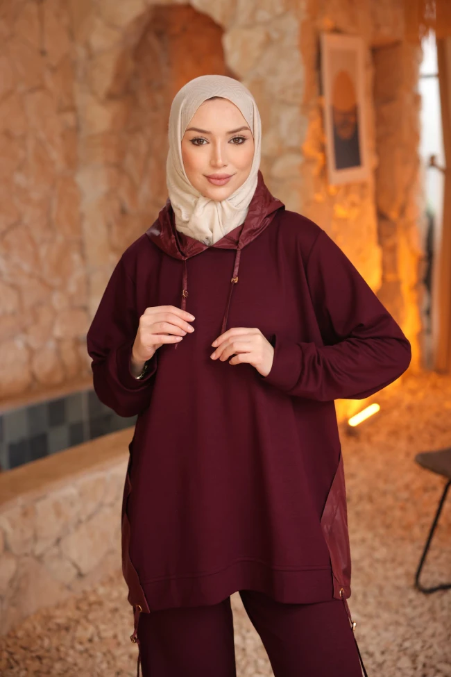 Mürdüm Garnili Kapüşonlu Tunik Pantolonlu Takım