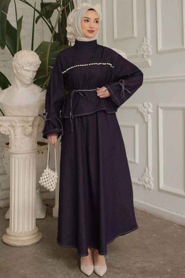 Mürdüm Önü İncili Bağlama Detaylı Etekli Kot Takım