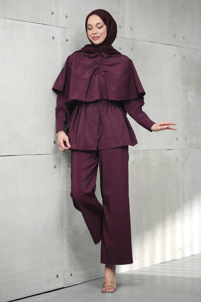 Mürdüm Pelerin Detaylı Tunik Pantolonlu Takım