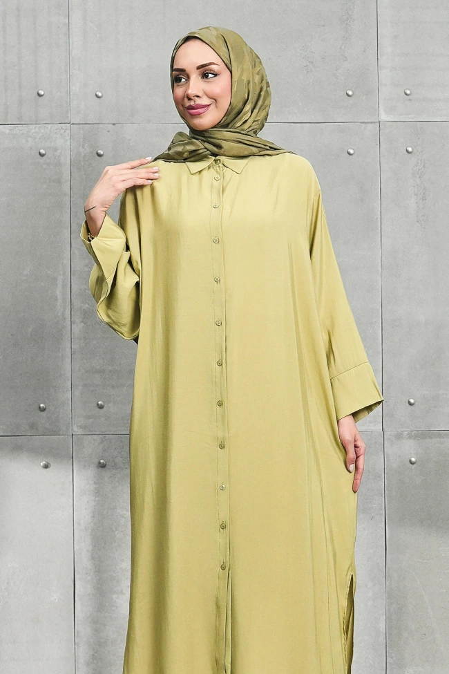 Olive Yanları Yırtmaçlı Düğmeli Tunik