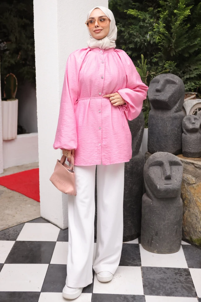 Pembe Balon Kol Kuşaklı Gömlek