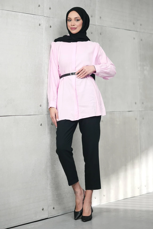Pembe Gizli Patlı Belden Kemerli Modal Dokuma Tunik