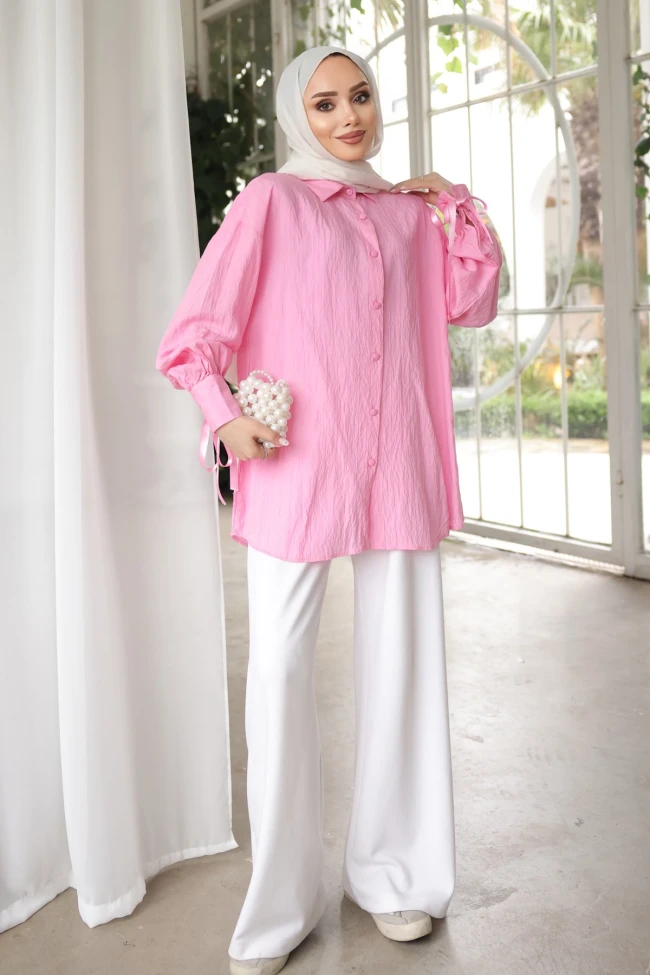 Pembe Kol Bağlamalı Gömlek