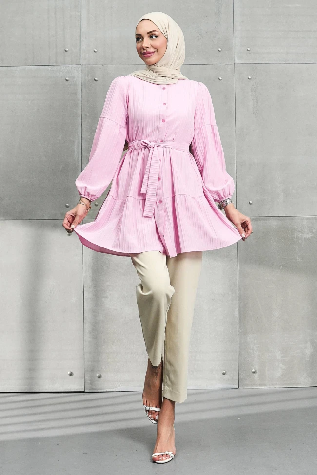 Pembe Kol Lastikli Eteği Katlı Tunik