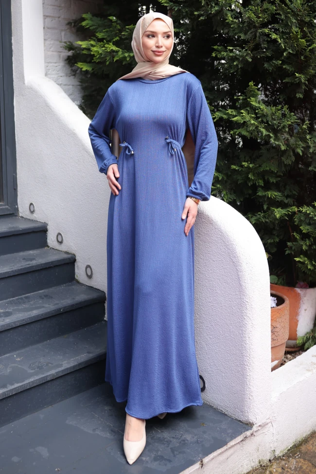 Saks Mavi Bisiklet Yaka Bel Ve Kol Lastikli Bürümcük Elbise