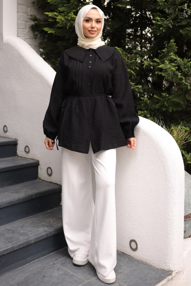 Siyah Bebe Yaka Bel Bağlamalı Gömlek