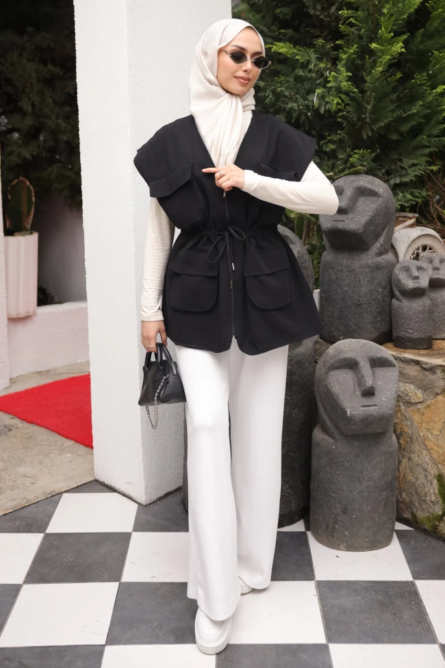 Siyah Bel Bağlamalı Cepli Astarlı Gabardin Yelek