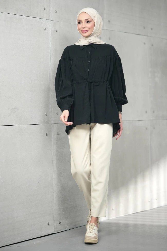 Siyah Bel Bağlamalı Modal Salaş Tunik
