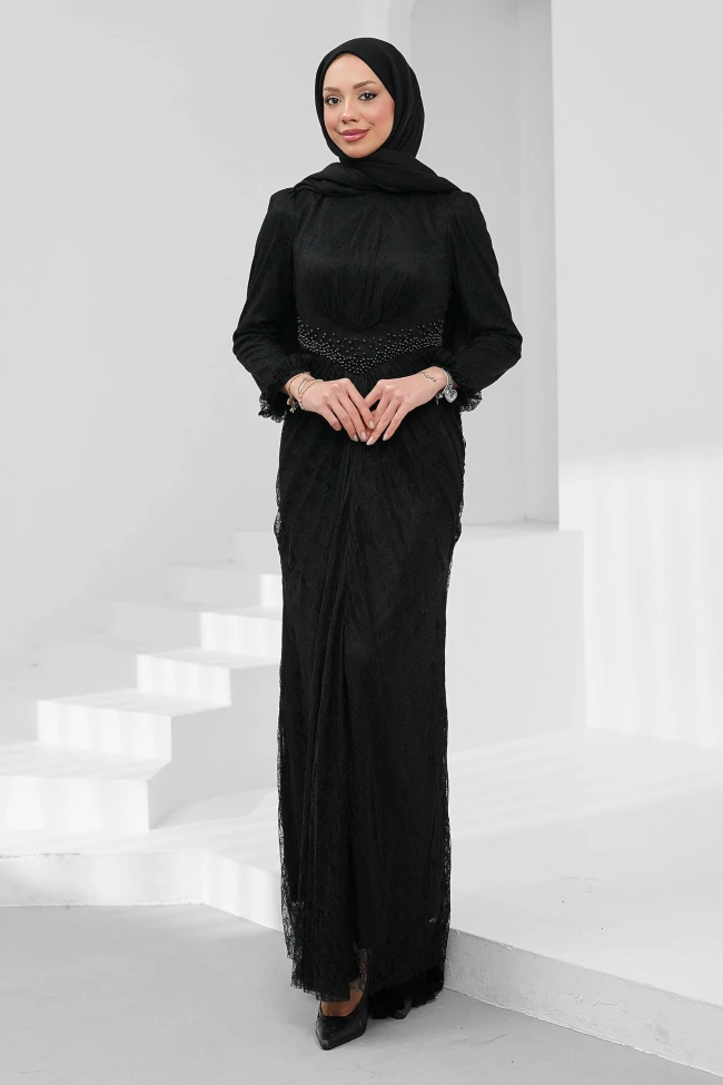 Siyah Bel Detaylı Balık Model Güpürlü Abiye