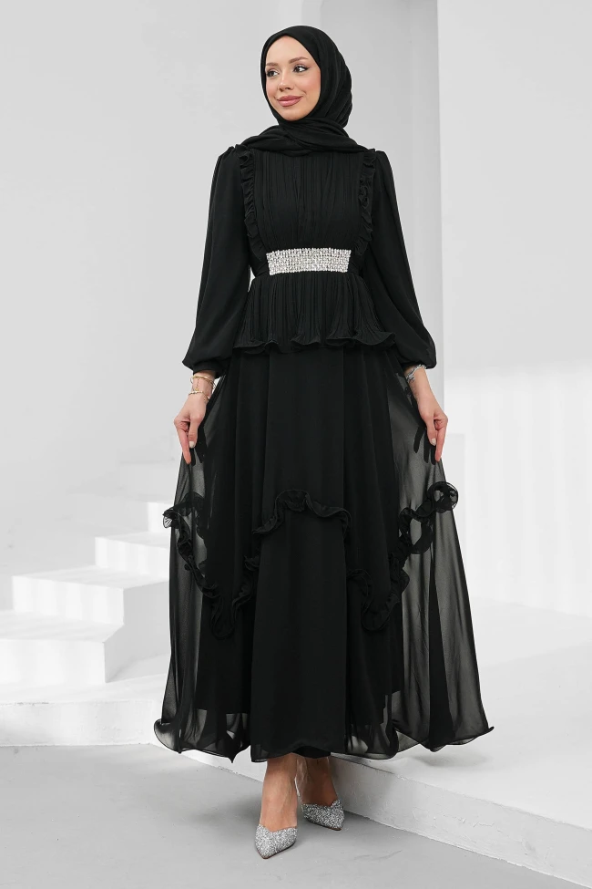 Siyah Beli Taşlı Pliseli Şifon Abiye