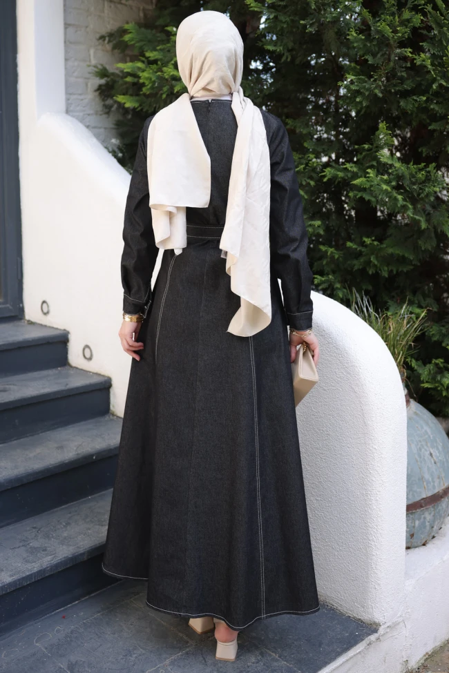 Siyah Bisiklet Yaka Kuşaklı Kot Elbise