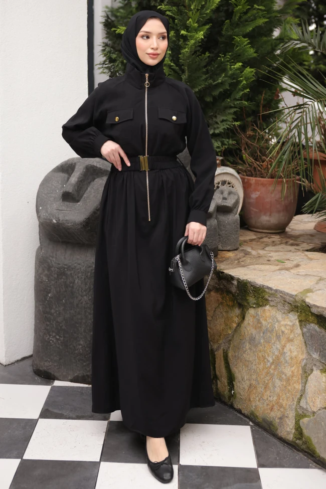 Siyah Fermuarlı Lastik Kemerli Elbise