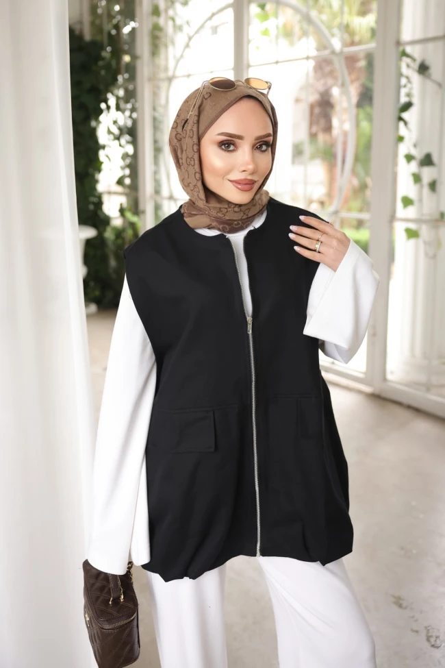 Siyah Fermuarlı Oversize Gabardin Yelek