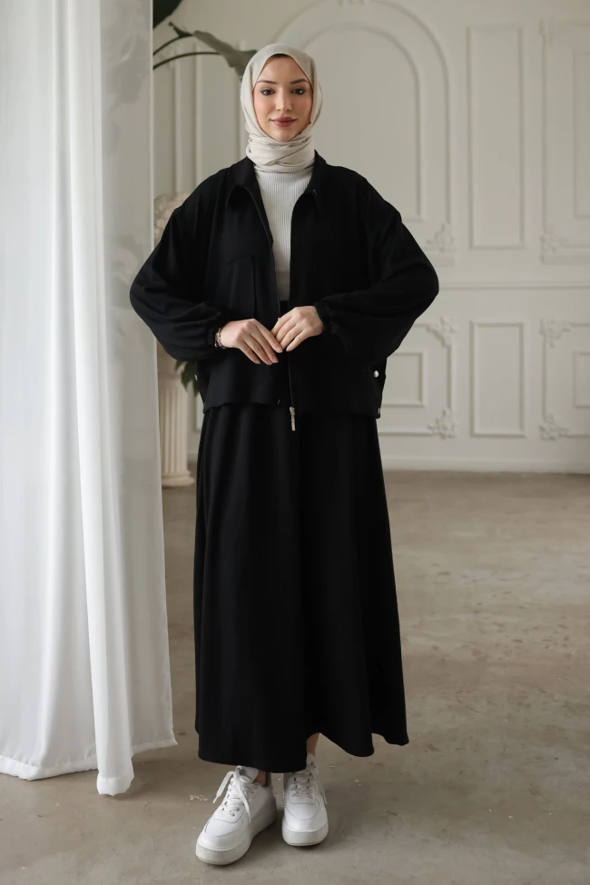 Siyah Fermuarlı Sweat Hırka Etekli Modal Takım