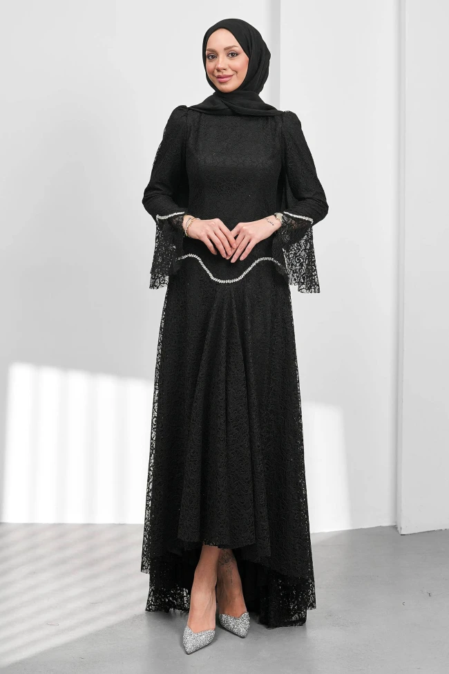 Siyah Güpürlü Astarlı Taşlı Abiye