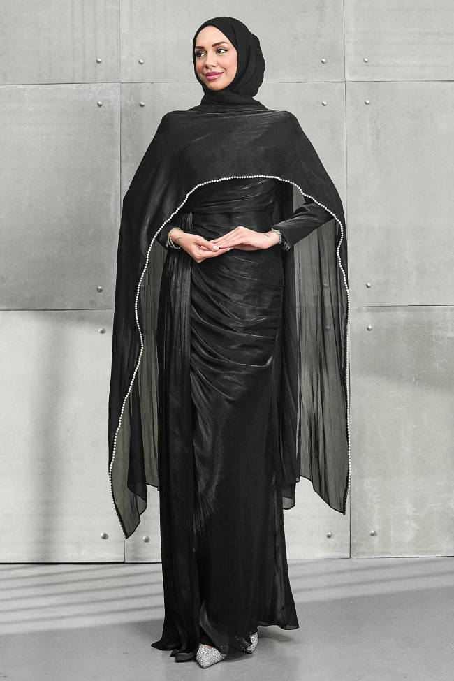 Siyah İnci Pelerinli Önü Büzgülü Abiye