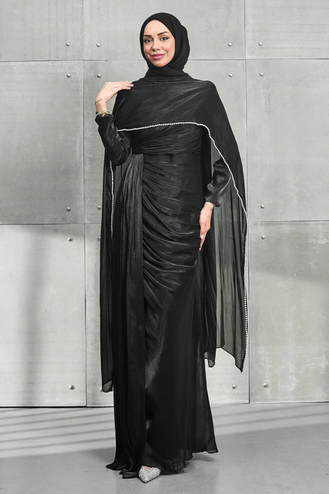 Siyah İnci Pelerinli Önü Büzgülü Abiye