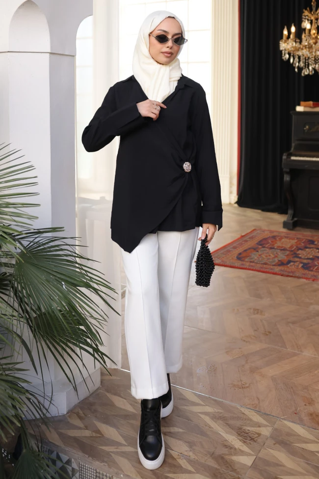 Siyah Kruvaze Yaka Bel Detaylı Tunik