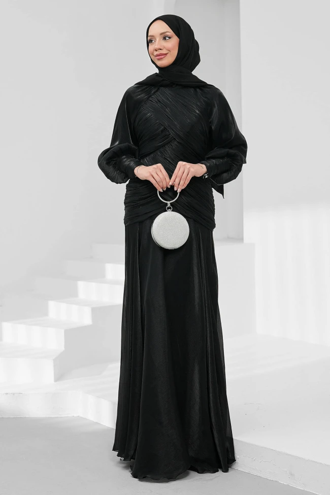 Siyah Önü Drapeli Balon Kol Işıltılı Abiye