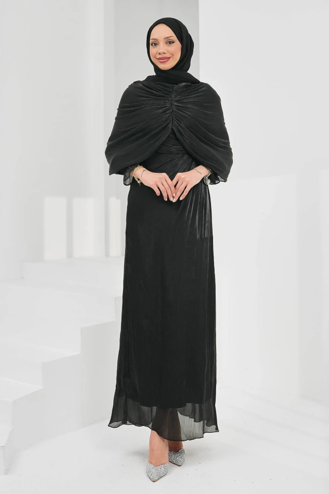 Siyah Önü Drapeli Seyyar Pelerinli Abiye