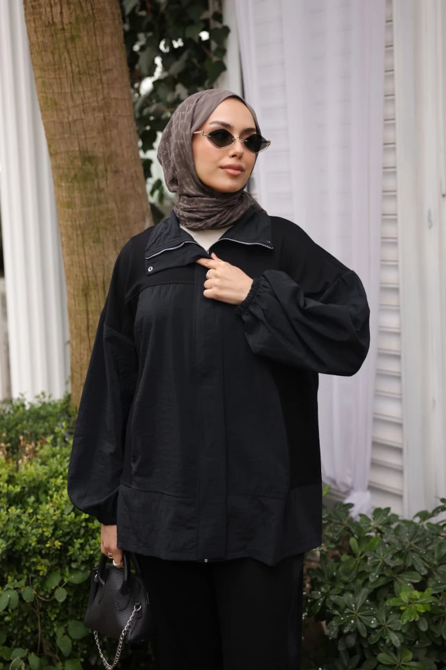 Siyah Paraşüt Garnili Swaet Hırka Pantolonlu Takım