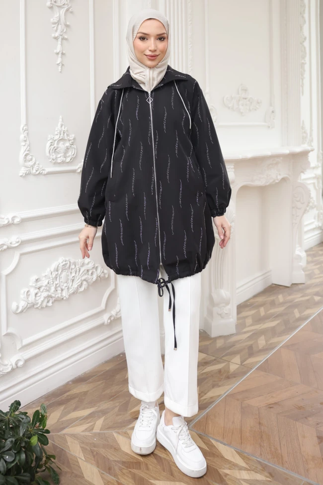 Siyah Taş İşlemeli Fermuarlı Kap