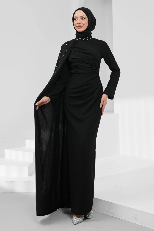 Siyah Taş İşlemeli Pelerinli Abiye